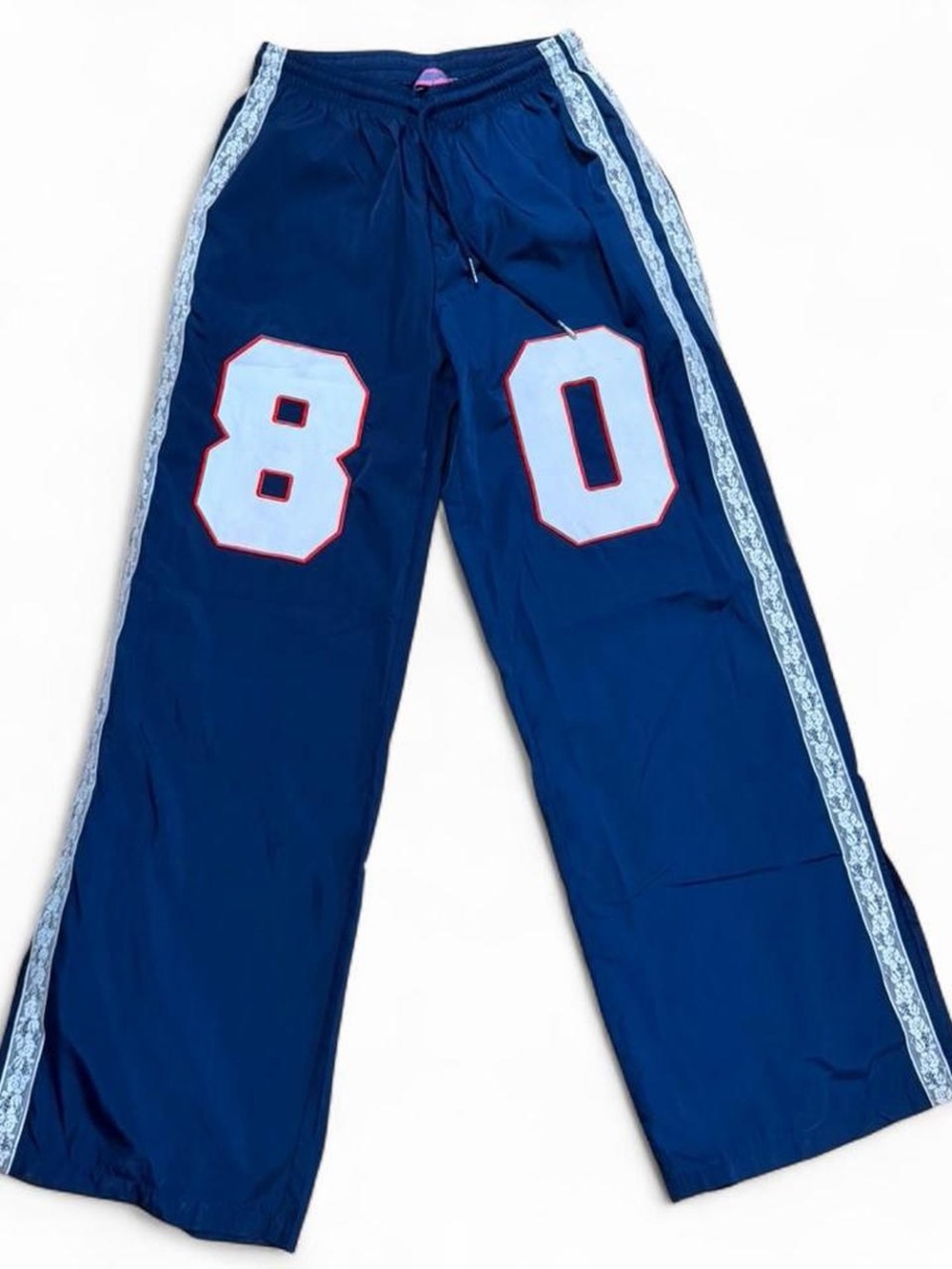 Edikted Navy Wide-Leg Track Pants with White Number 80 & Stripes